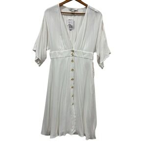 Forever 21 Contemporary White Button Front V-Neck Flutter Sleeve Dress Med NEW